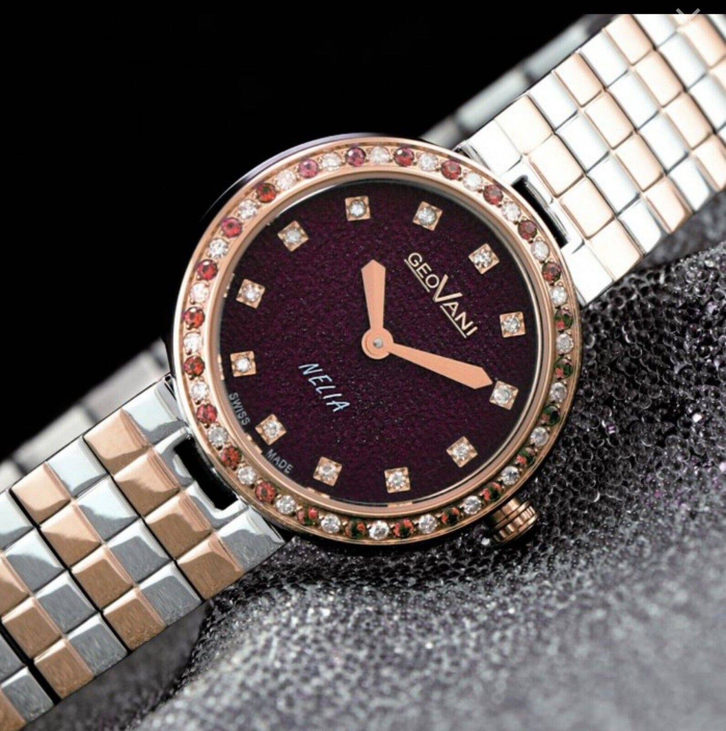 Geovani Nella • Swiss Watch • Diamonds & Red Saphire • 020ct/0.14 GOL577-SR-D-55